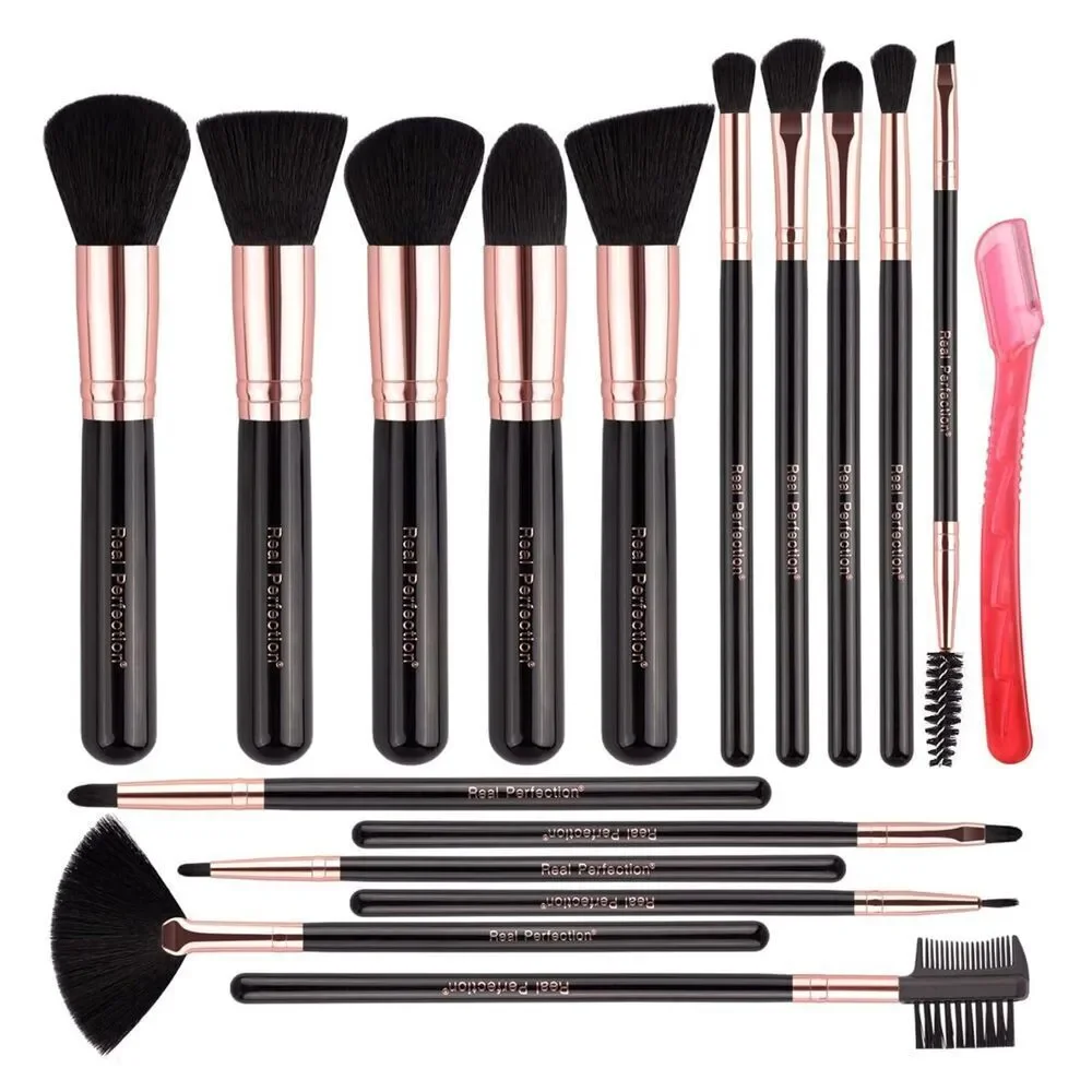 Real Perfection16 Pieces Black Make up Brushes Kit with 1 Eyebrow Razor